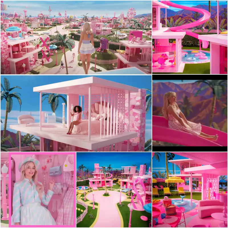 바비 영화에서 바비들이 살고 있는 핑크색 바비랜드 집들과 의상들 모음 이미지